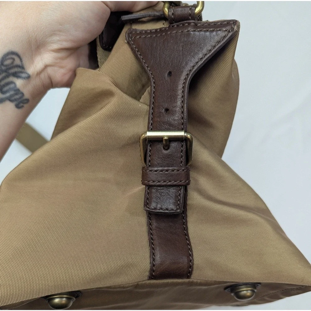 Fossil Duffle Bag Tan Canvas Brown Leather Trim Weekender Travel Luggage Large